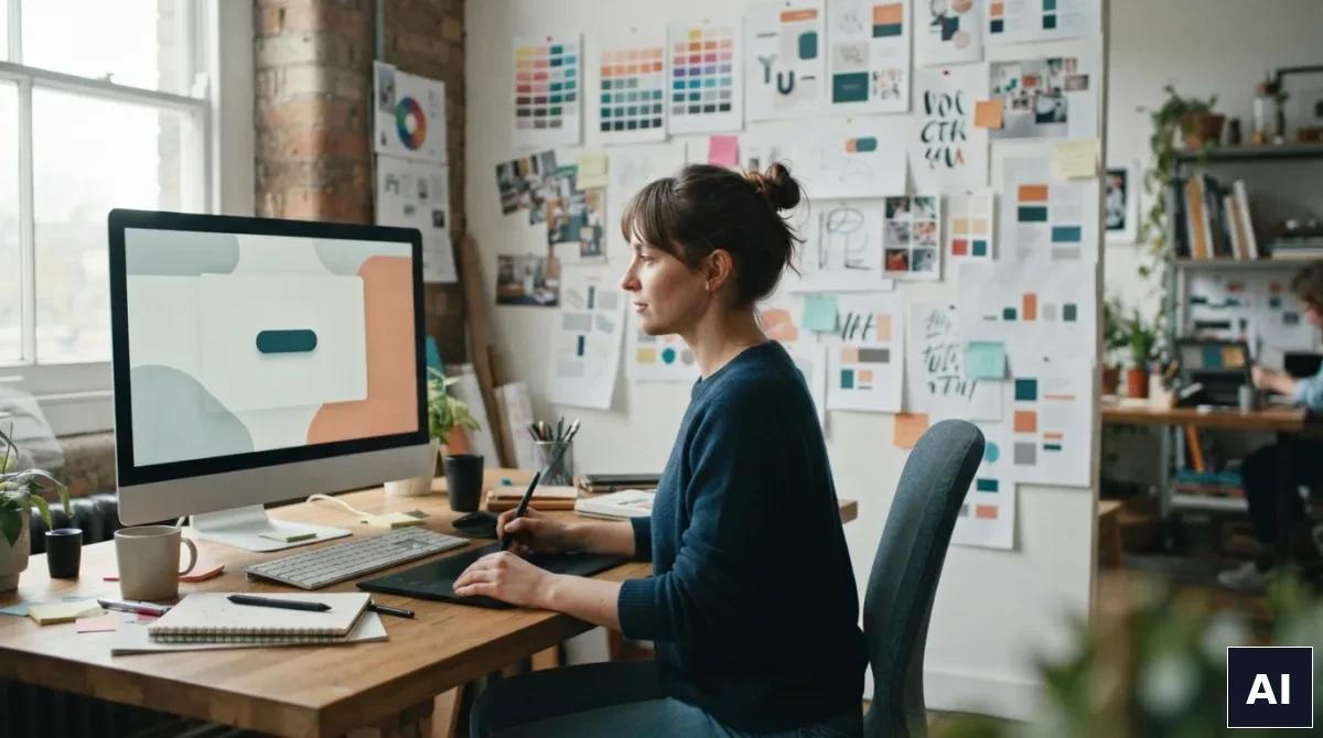 Grafik sprawdza na komputerze, czy nowy projekt w portfolio trafił do Google
