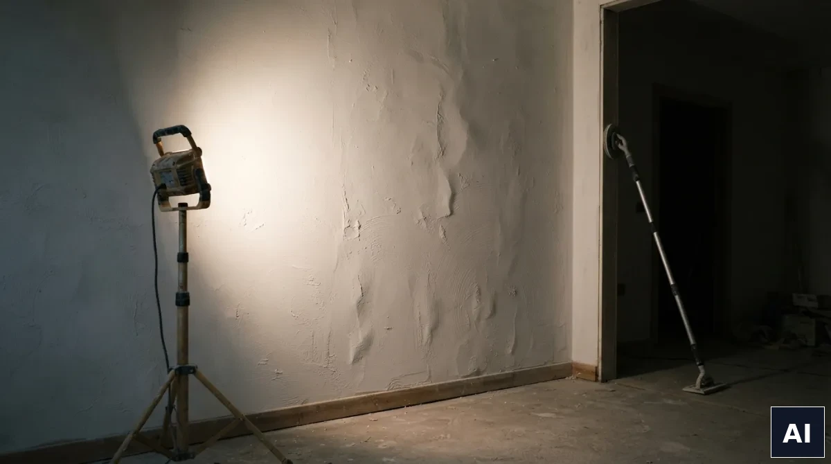 Lampa ustawiona bokiem do ściany ujawniająca nierówności gładzi przed malowaniem